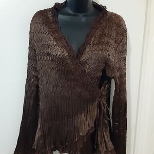 Brown Satin Crinkle Pleated Wrap Top Women’s L Boho Evening